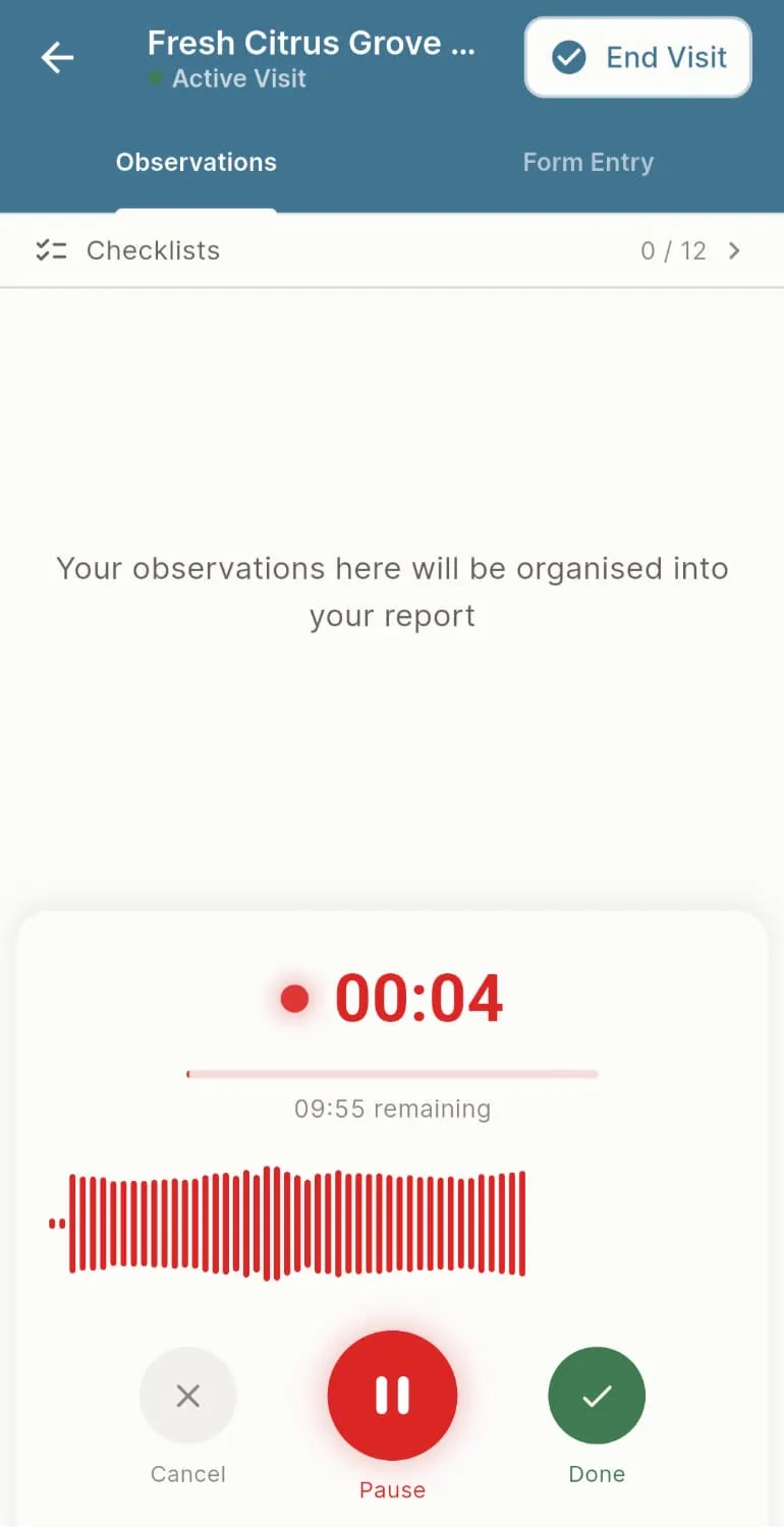 Recording a voice note during an active farm visit