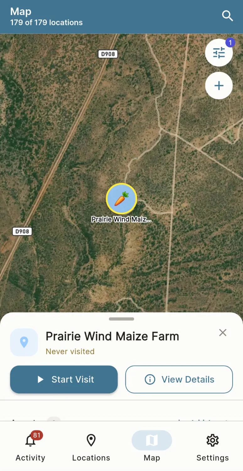 Map view with a farm pin — the observation matched to its location