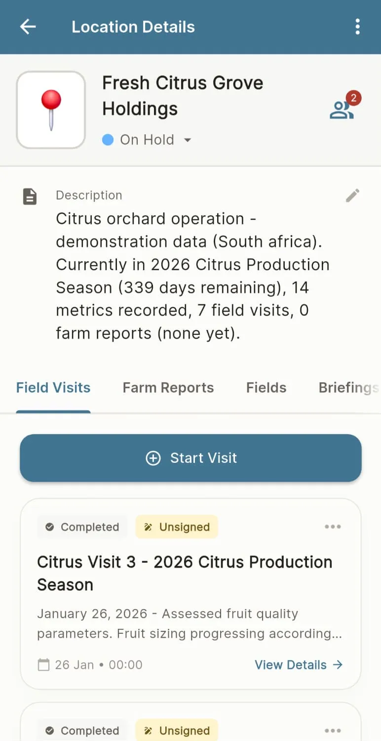 Location details with past visits, farm reports and briefings